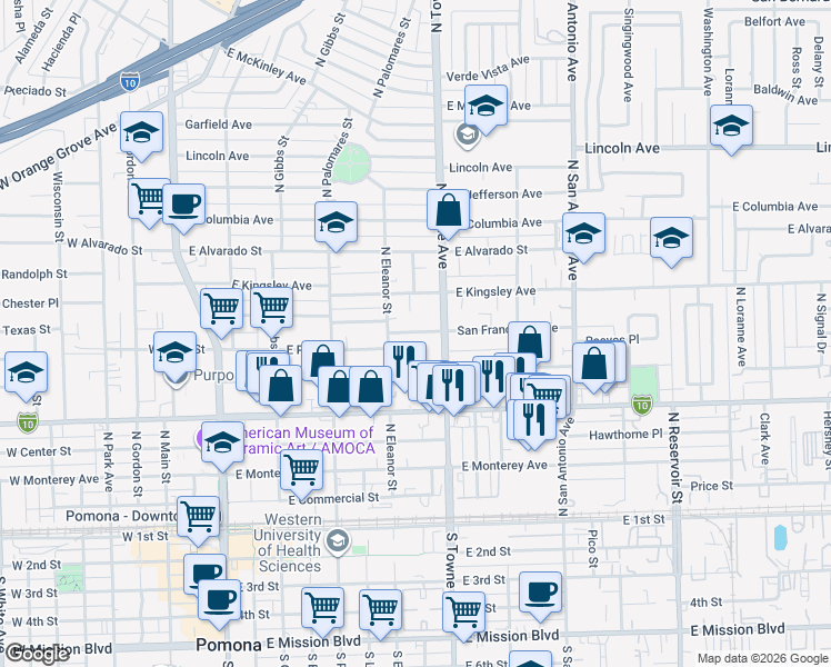 map of restaurants, bars, coffee shops, grocery stores, and more near 544 San Francisco Avenue in Pomona