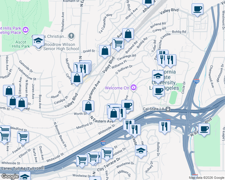 map of restaurants, bars, coffee shops, grocery stores, and more near 4876 Farquhar Street in Los Angeles