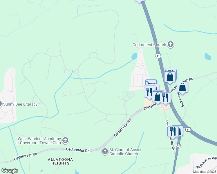 map of restaurants, bars, coffee shops, grocery stores, and more near 6131 Talmadge Run in Acworth