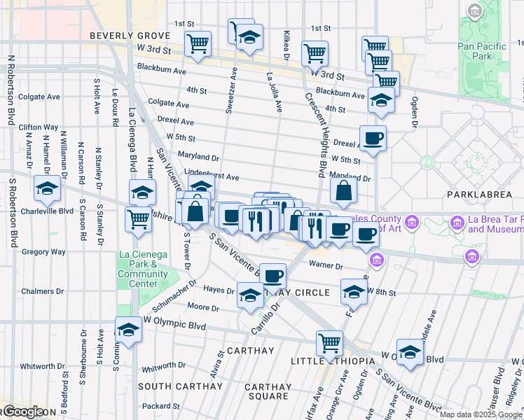map of restaurants, bars, coffee shops, grocery stores, and more near 622 South La Jolla Avenue in Los Angeles