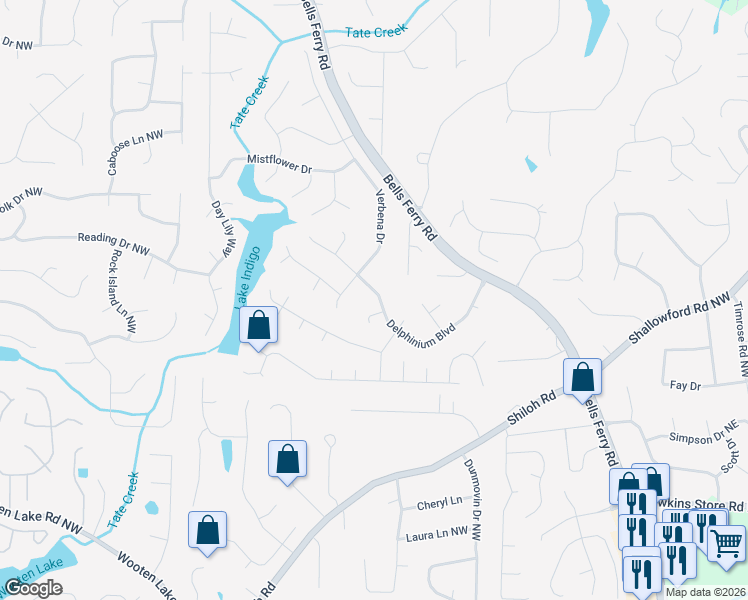 map of restaurants, bars, coffee shops, grocery stores, and more near 592 Delphinium Boulevard in Acworth