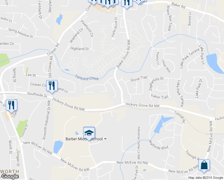 map of restaurants, bars, coffee shops, grocery stores, and more near 4577 Grove Park Way Northwest in Acworth