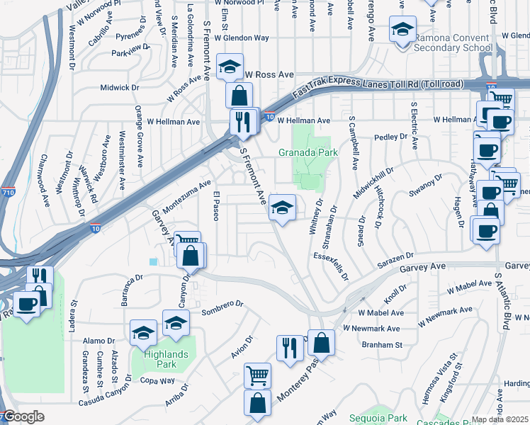 map of restaurants, bars, coffee shops, grocery stores, and more near 2415 South Fremont Avenue in Alhambra
