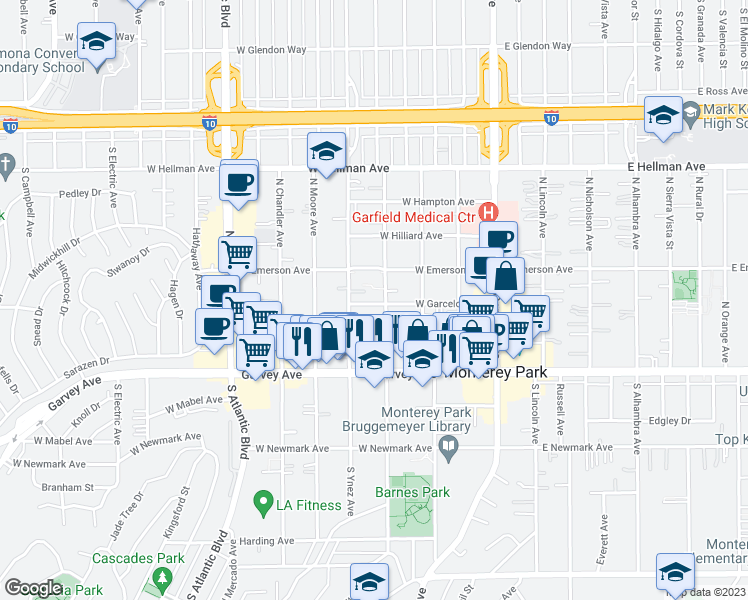 map of restaurants, bars, coffee shops, grocery stores, and more near 411 West Garcelon Avenue in Monterey Park