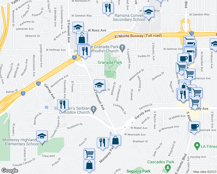 map of restaurants, bars, coffee shops, grocery stores, and more near 2025 Tracy Lane in Alhambra