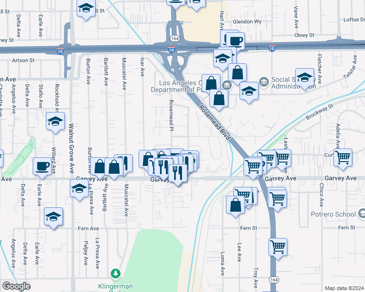 map of restaurants, bars, coffee shops, grocery stores, and more near 3125 Sullivan Avenue in Rosemead