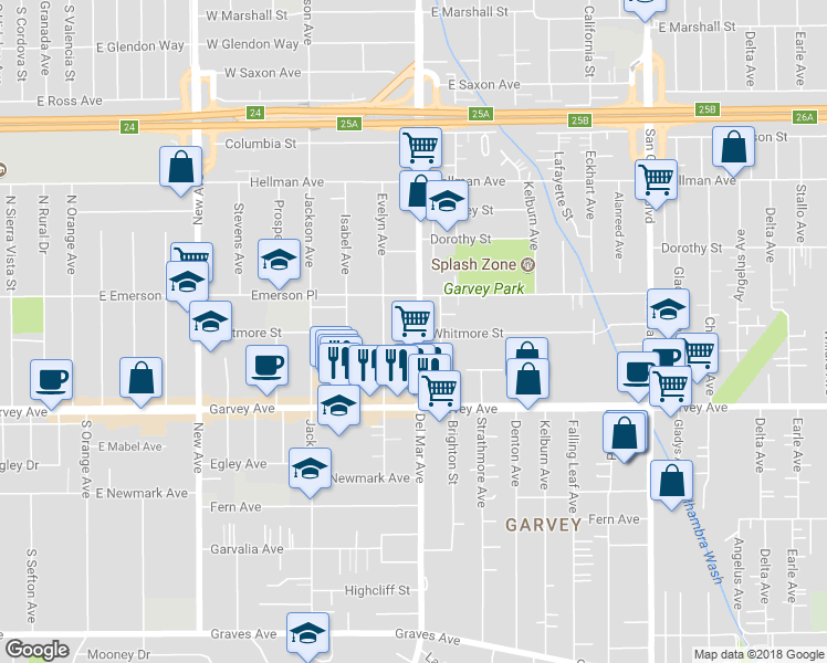map of restaurants, bars, coffee shops, grocery stores, and more near 3125 Del Mar Avenue in Rosemead