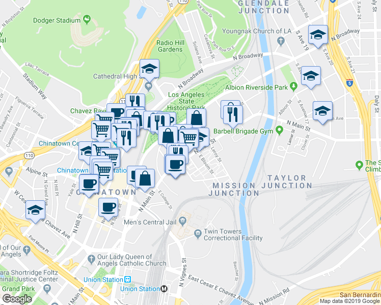 map of restaurants, bars, coffee shops, grocery stores, and more near 1401 North Main Street in Los Angeles