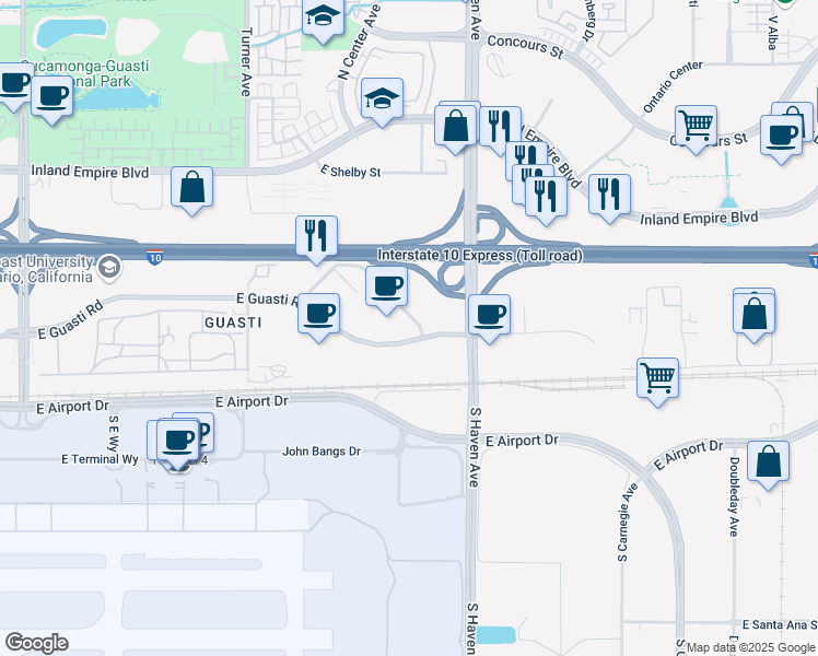 map of restaurants, bars, coffee shops, grocery stores, and more near 3450 North Centre Lake Drive in Ontario