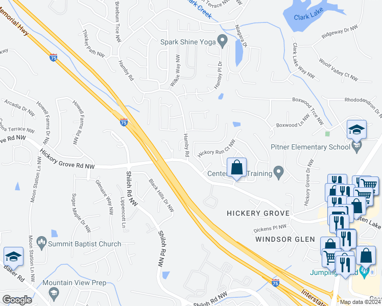 map of restaurants, bars, coffee shops, grocery stores, and more near 1821 Hickory Creek Court Northwest in Acworth