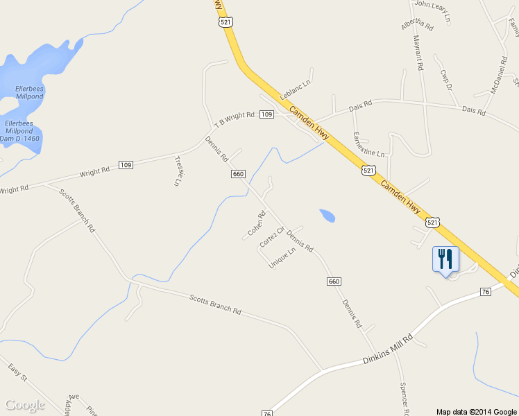 map of restaurants, bars, coffee shops, grocery stores, and more near 5040 Dennis Road in Rembert
