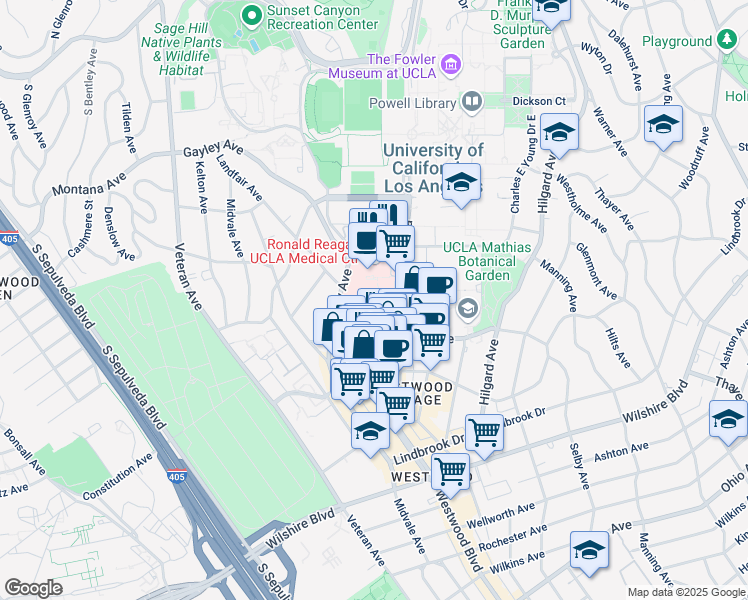 map of restaurants, bars, coffee shops, grocery stores, and more near Medical Plaza Driveway in Los Angeles