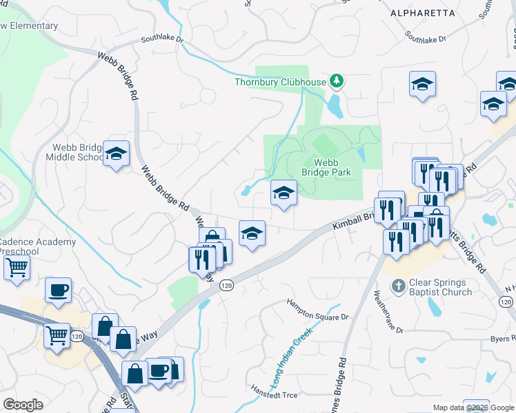 map of restaurants, bars, coffee shops, grocery stores, and more near 11653 Parkside Avenue in Alpharetta