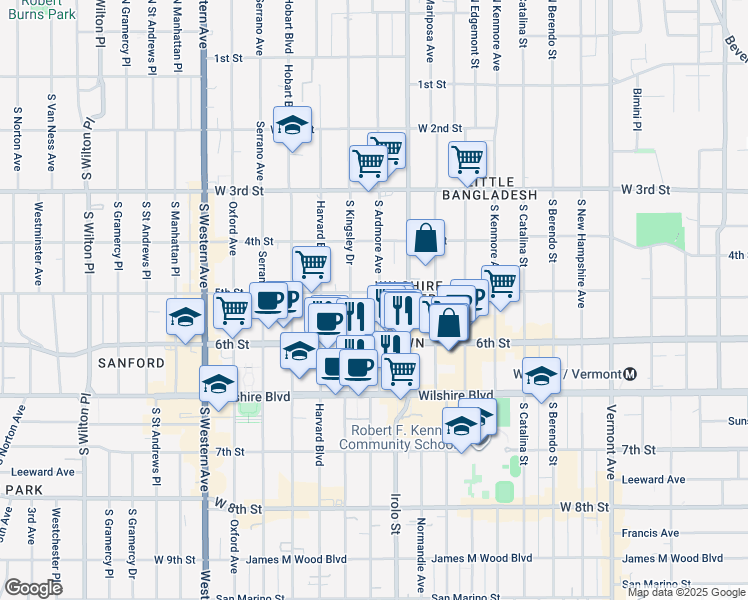 map of restaurants, bars, coffee shops, grocery stores, and more near 525 South Ardmore Avenue in Los Angeles