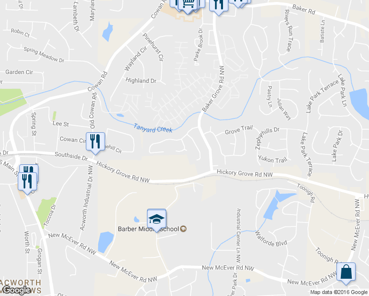 map of restaurants, bars, coffee shops, grocery stores, and more near 4612 Orange Drive in Acworth