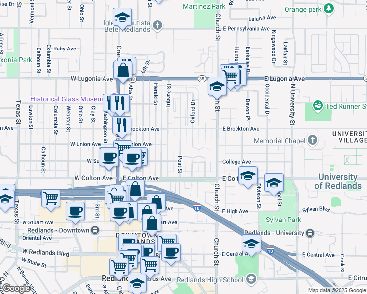 map of restaurants, bars, coffee shops, grocery stores, and more near 930 Post Street in Redlands