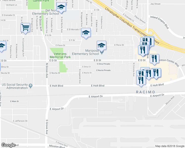 map of restaurants, bars, coffee shops, grocery stores, and more near 155 North Lassen Place in Ontario