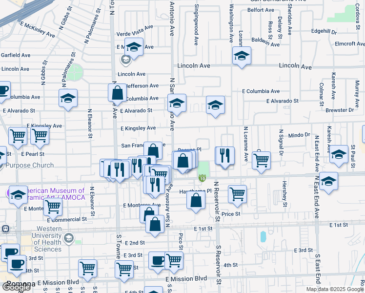 map of restaurants, bars, coffee shops, grocery stores, and more near 678 North San Antonio Avenue in Pomona