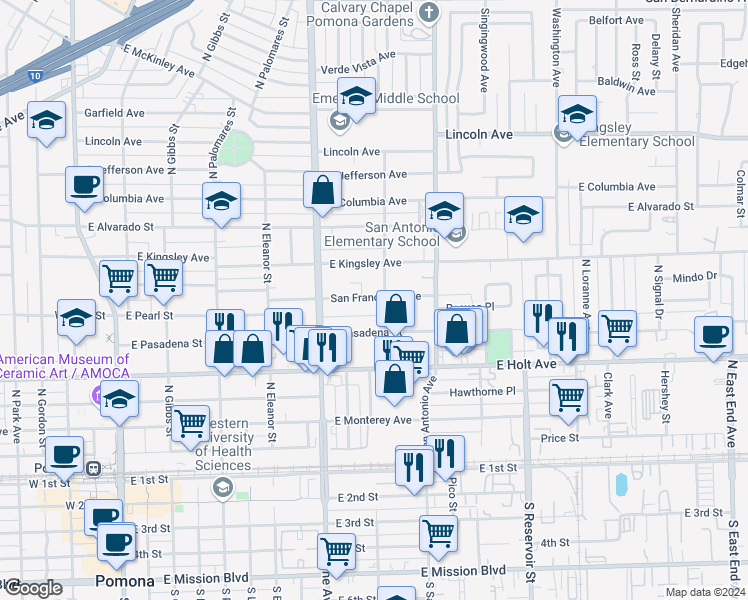 map of restaurants, bars, coffee shops, grocery stores, and more near 678 San Francisco Avenue in Pomona
