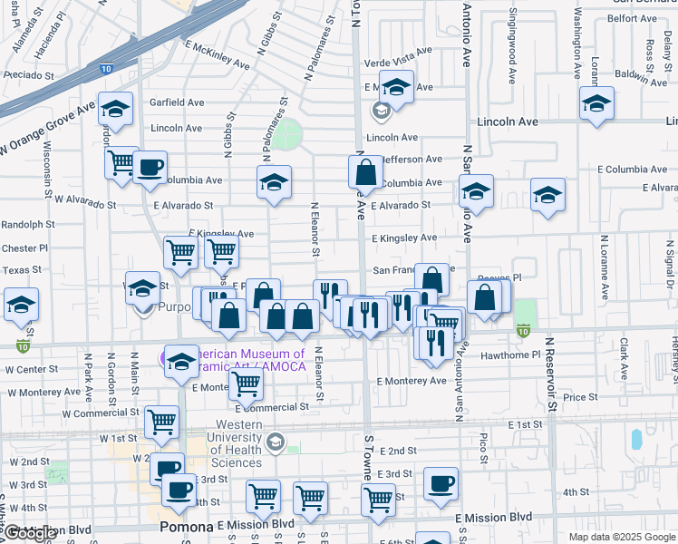 map of restaurants, bars, coffee shops, grocery stores, and more near 562 San Francisco Avenue in Pomona