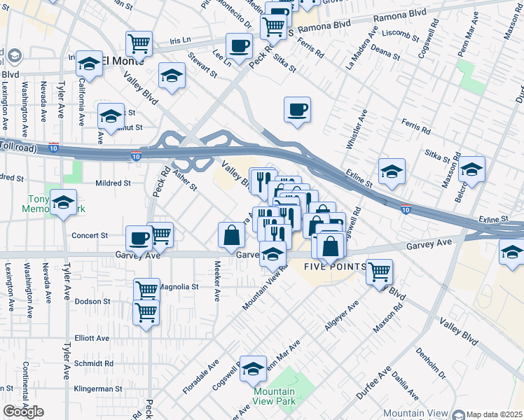 map of restaurants, bars, coffee shops, grocery stores, and more near in El Monte