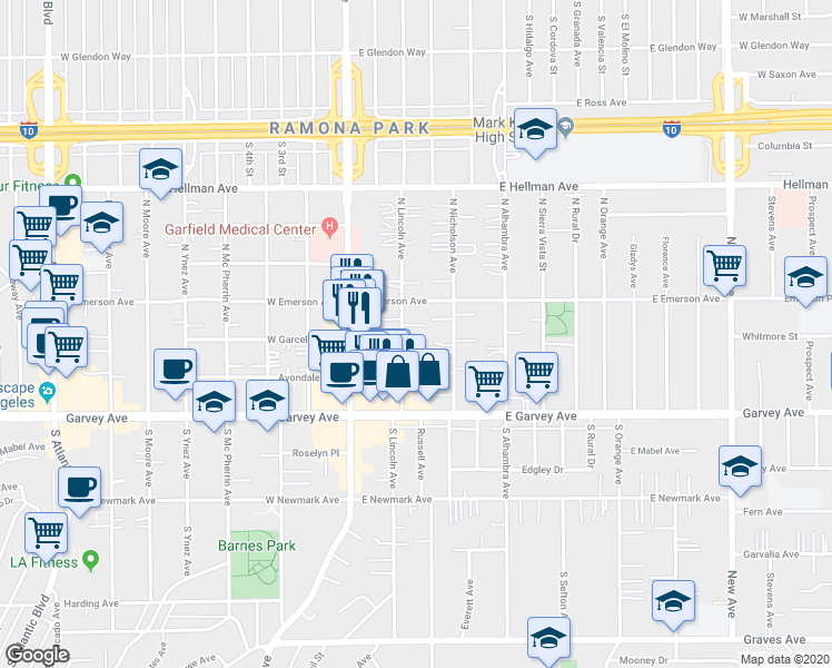 map of restaurants, bars, coffee shops, grocery stores, and more near 234 North Lincoln Avenue in Monterey Park