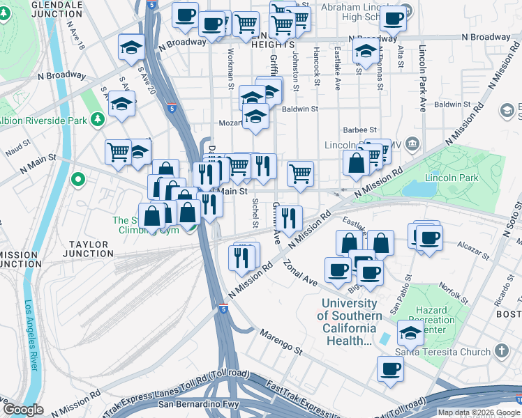 map of restaurants, bars, coffee shops, grocery stores, and more near 1819 Griffin Avenue in Los Angeles