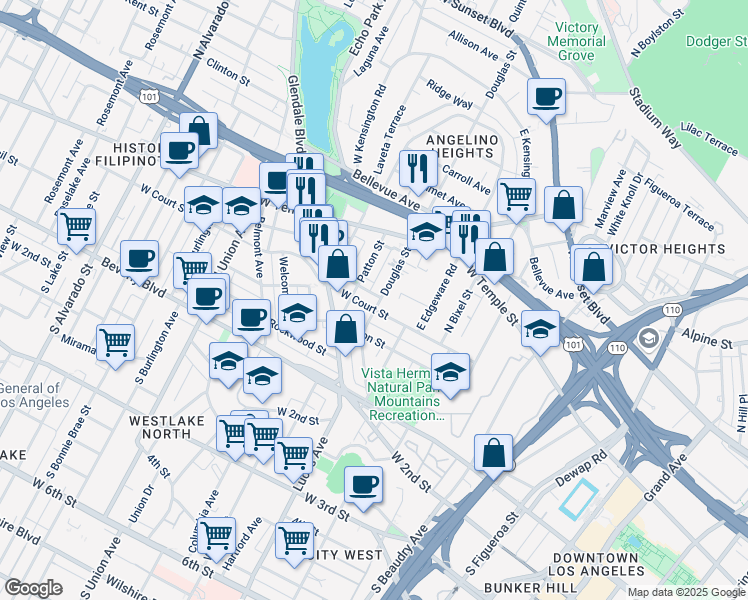 map of restaurants, bars, coffee shops, grocery stores, and more near 1409 West Court Street in Los Angeles