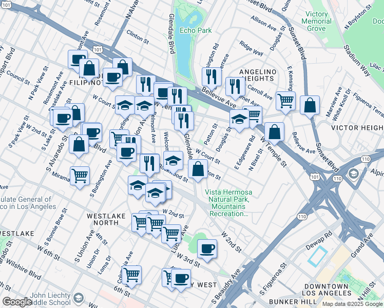 map of restaurants, bars, coffee shops, grocery stores, and more near in Los Angeles