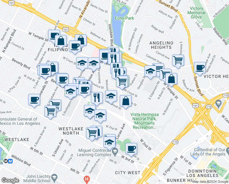 map of restaurants, bars, coffee shops, grocery stores, and more near 217 Lake Shore Terrace in Los Angeles