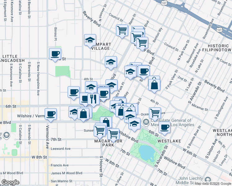 map of restaurants, bars, coffee shops, grocery stores, and more near 435 South La Fayette Park Place in Los Angeles