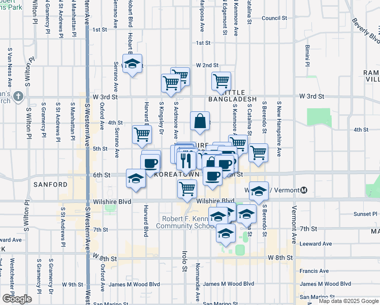 map of restaurants, bars, coffee shops, grocery stores, and more near 542 South Normandie Avenue in Los Angeles