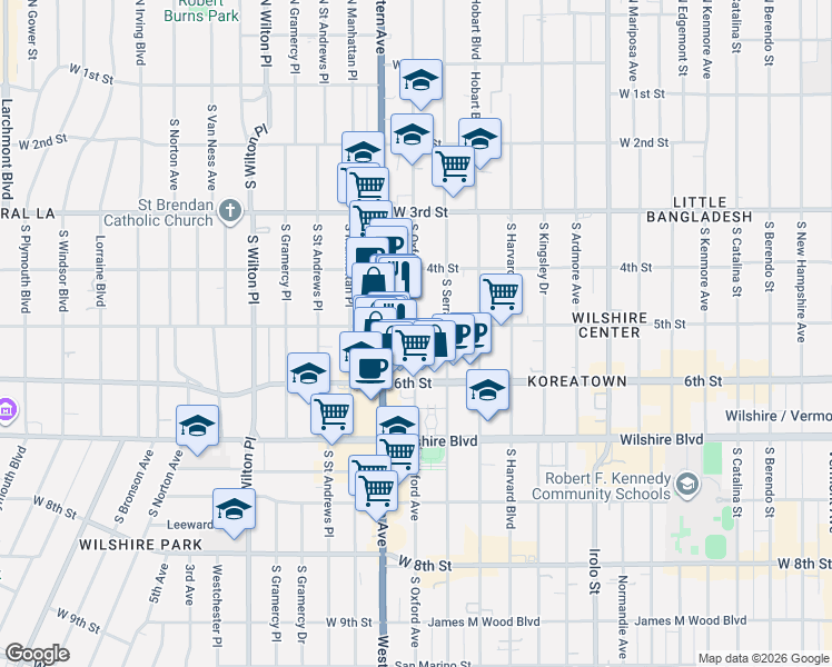 map of restaurants, bars, coffee shops, grocery stores, and more near 501 South Oxford Avenue in Los Angeles