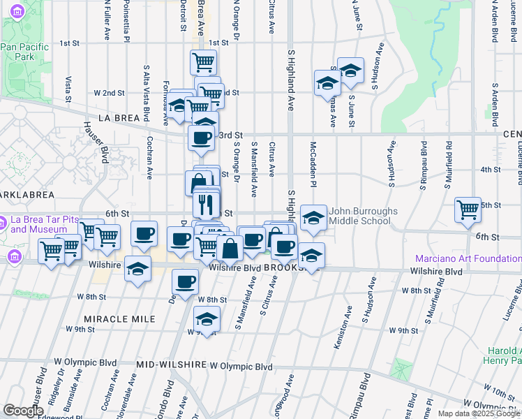 map of restaurants, bars, coffee shops, grocery stores, and more near 475 South Mansfield Avenue in Los Angeles