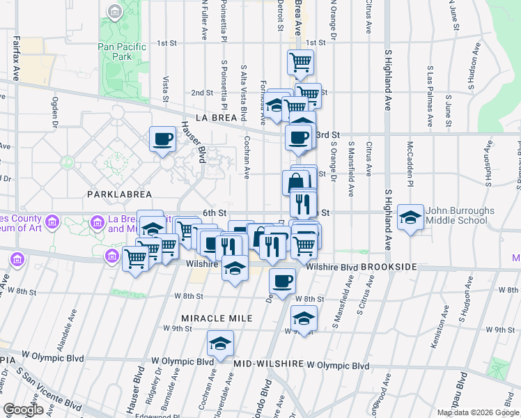 map of restaurants, bars, coffee shops, grocery stores, and more near 5525 West 6th Street in Los Angeles