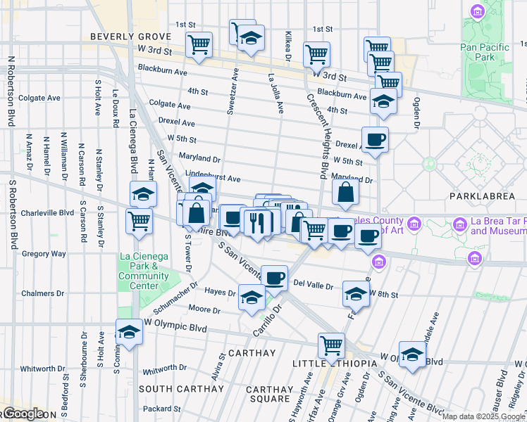 map of restaurants, bars, coffee shops, grocery stores, and more near 622 South La Jolla Avenue in Los Angeles