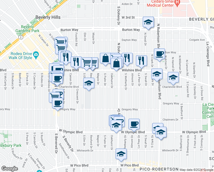 map of restaurants, bars, coffee shops, grocery stores, and more near 183 South Palm Drive in Los Angeles