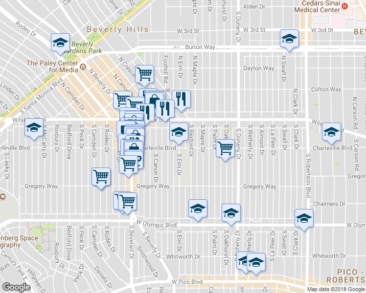 map of restaurants, bars, coffee shops, grocery stores, and more near 159 South Elm Drive in Beverly Hills