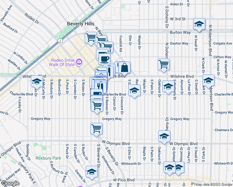 map of restaurants, bars, coffee shops, grocery stores, and more near 9379 Charleville Boulevard in Beverly Hills