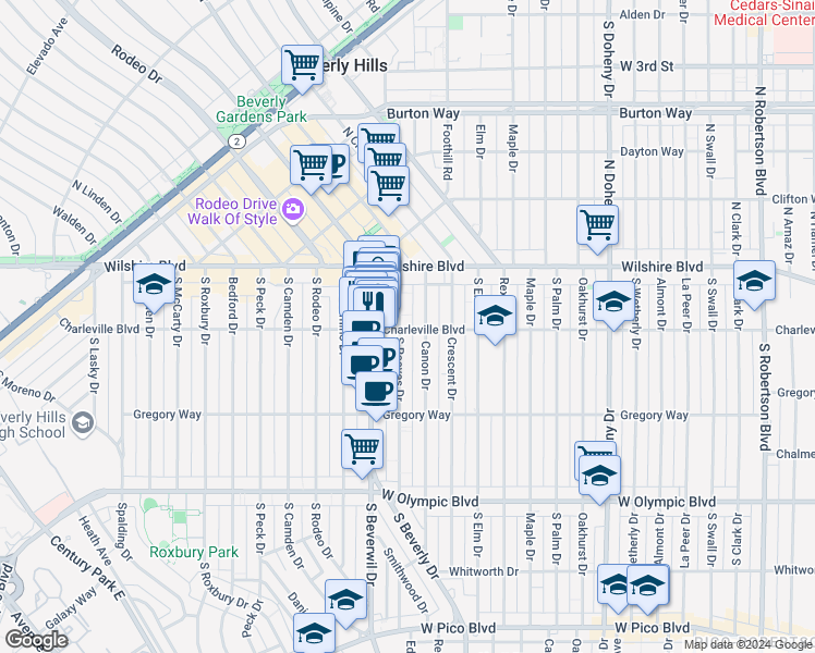map of restaurants, bars, coffee shops, grocery stores, and more near 9433 Charleville Boulevard in Beverly Hills
