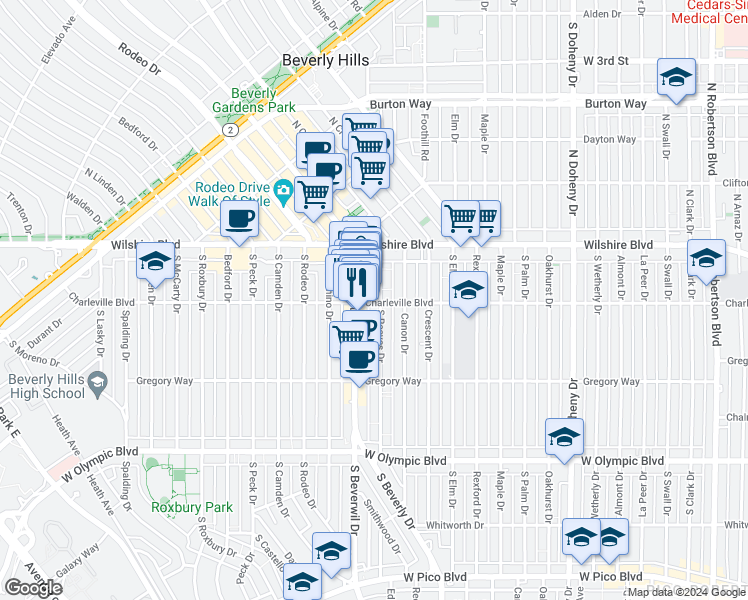 map of restaurants, bars, coffee shops, grocery stores, and more near 9433 Charleville Boulevard in Beverly Hills
