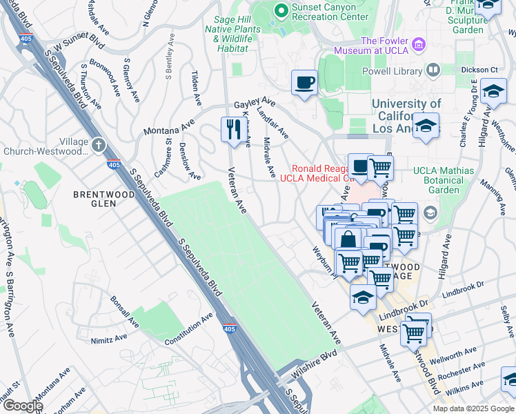 map of restaurants, bars, coffee shops, grocery stores, and more near 664 Veteran Avenue in Los Angeles