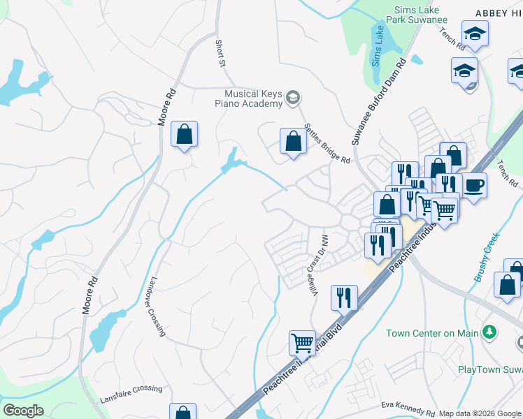 map of restaurants, bars, coffee shops, grocery stores, and more near 4639 Arbor Crest Place in Suwanee