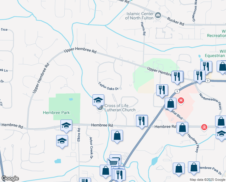 map of restaurants, bars, coffee shops, grocery stores, and more near 1200 Taylor Oaks Drive in Roswell