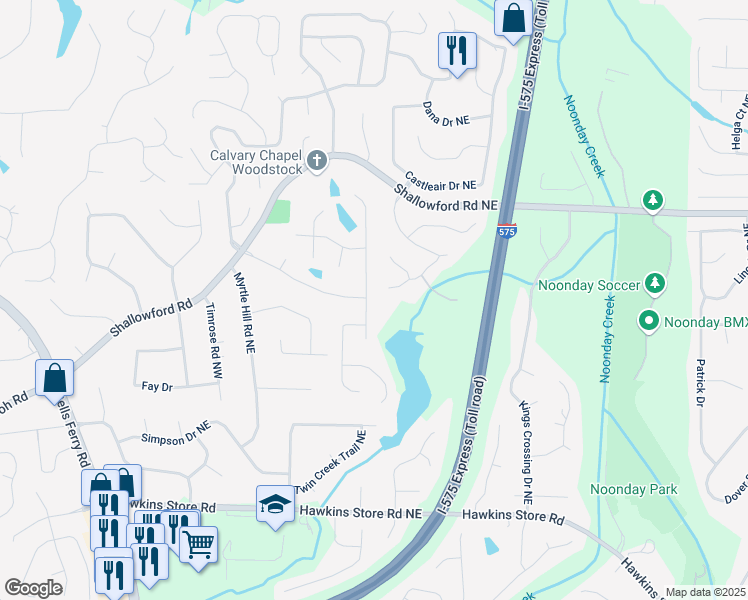 map of restaurants, bars, coffee shops, grocery stores, and more near 44 Lake Latimer Drive Northeast in Kennesaw