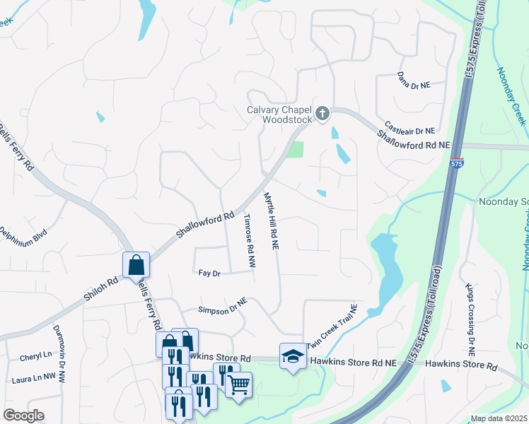 map of restaurants, bars, coffee shops, grocery stores, and more near 4637 Myrtle Hill Road Northeast in Kennesaw