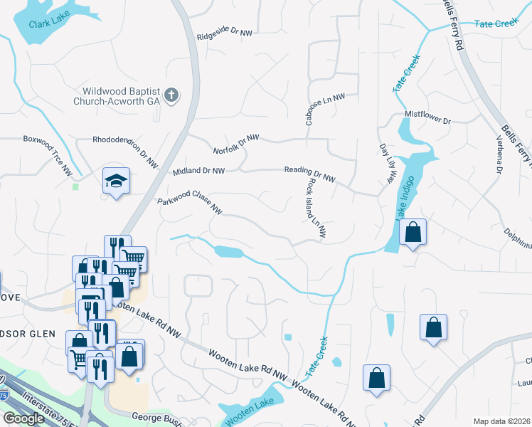 map of restaurants, bars, coffee shops, grocery stores, and more near 1257 Westover Trace Northwest in Acworth