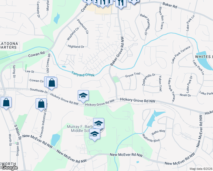 map of restaurants, bars, coffee shops, grocery stores, and more near 4577 Grove Park Way Northwest in Acworth