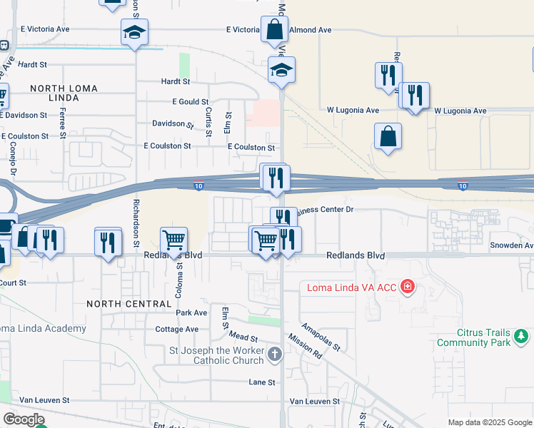 map of restaurants, bars, coffee shops, grocery stores, and more near 10385 Spade Drive in Loma Linda