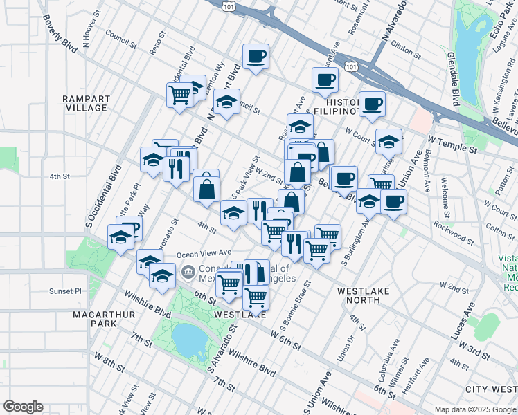 map of restaurants, bars, coffee shops, grocery stores, and more near 265 South Lake Street in Los Angeles